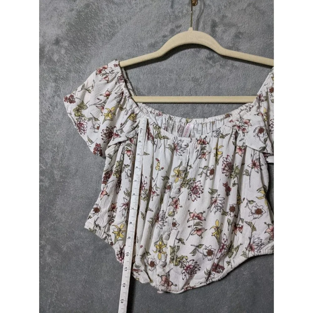 🍑XHILARATION Women 100% Rayon Knit Top Cropped Floral Multicolor MEDIUM (8-10) - Picture 4 of 11